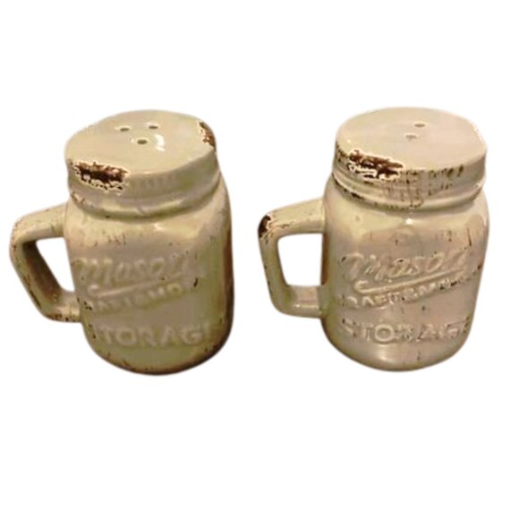Rustic Farmhouse Distressed Mason Jar Salt & Pepper Shakers Set Beige/Tan New - Picture 3 of 8